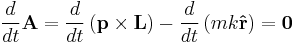 
\frac{d}{dt} \mathbf{A} = \frac{d}{dt} \left( \mathbf{p} \times \mathbf{L} \right) - \frac{d}{dt} \left( mk\mathbf{\hat{r}} \right) = \mathbf{0}
