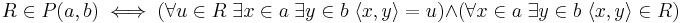 R \in P(a,b) \iff (\forall u \in R \; \exist x \in a \; \exist y \in b \; \langle x,y \rangle = u) \wedge (\forall x \in a \; \exist y \in b \; \langle x,y \rangle \in R)