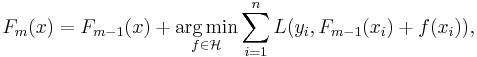 F_m(x) = F_{m-1}(x) %2B \underset{f \in \mathcal{H}}{\operatorname{arg\,min}} \sum_{i=1}^n L(y_i, F_{m-1}(x_i) %2B f(x_i)),