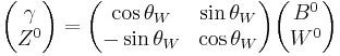  \begin{pmatrix}
\gamma \\
Z^0 \end{pmatrix} = \begin{pmatrix}
\cos \theta_W & \sin \theta_W \\
-\sin \theta_W & \cos \theta_W \end{pmatrix} \begin{pmatrix}
B^0 \\
W^0 \end{pmatrix} 