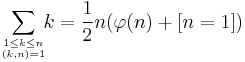 \sum_{1\le k\le n \atop (k,n)=1}\!\!k = \frac{1}{2}n(\varphi(n)%2B[n=1])