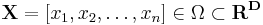  \mathbf{X} = [x_1,x_2,\ldots,x_n] \in \Omega \subset \mathbf {R^D}