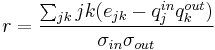 r = \frac{\sum_{jk}jk(e_{jk} - q_{j}^{in} q_{k}^{out})}{\sigma_{in}\sigma_{out}}