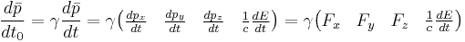 \frac{d \bar p}{d t_0} = \gamma \frac{d \bar p}{d t} = \gamma \begin{pmatrix} \frac{d p_x}{d t} & \frac{d p_y}{d t} & \frac{d p_z}{d t} & \frac{1}{c} \frac{d E}{d t} \end{pmatrix} = \gamma \begin{pmatrix} F_x & F_y & F_z & \frac{1}{c} \frac{d E}{d t} \end{pmatrix}