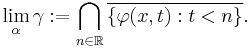 \lim_\alpha \gamma�:= \bigcap_{n\in \mathbb{R}}\overline{\{\varphi(x,t):t<n\}}.