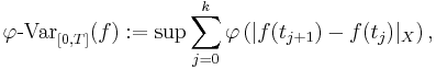 \mathop{\varphi\mbox{-Var}}_{[0, T]} (f)�:= \sup \sum_{j = 0}^{k} \varphi \left( | f(t_{j %2B 1}) - f(t_{j}) |_{X} \right),