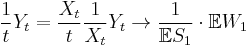 \frac{1}{t}Y_t = \frac{X_t}{t} \frac{1}{X_t} Y_t \to \frac{1}{\mathbb{E}S_1}\cdot\mathbb{E}W_1 