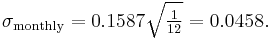 \sigma_\text{monthly} = 0.1587 \sqrt{\tfrac{1}{12}} = 0.0458.