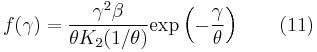  f(\gamma) = \frac {\gamma^2 \beta }{\theta K_2(1/\theta)} 
\mathrm{exp} 
\left(
- \frac {\gamma}{\theta} 
\right)
\qquad (11) 
