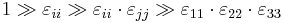 1 \gg \varepsilon_{ii} \gg \varepsilon_{ii} \cdot \varepsilon_{jj} \gg \varepsilon_{11} \cdot \varepsilon_{22} \cdot \varepsilon_{33} \,\!