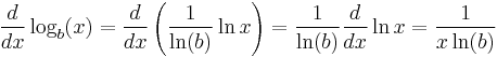 \frac{d}{dx}\log_b(x) = \frac{d}{dx} \left( \frac{1}{\ln(b)} \ln{x} \right) = \frac{1}{\ln(b)} \frac{d}{dx} \ln{x} = \frac{1}{x\ln(b)} 