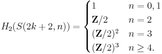 H_2(S(2k%2B2,n)) = \begin{cases} 1 & n = 0, 1\\
\mathbf{Z}/2 & n = 2\\
(\mathbf{Z}/2)^2 & n = 3\\
(\mathbf{Z}/2)^3 & n \geq 4.
\end{cases}