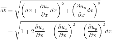 \begin{align}
\overline {ab} &= \sqrt{\left(dx%2B\frac{\partial u_x}{\partial x}dx \right)^2 %2B \left( \frac{\partial u_y}{\partial x}dx \right)^2} \\
&= \sqrt{1%2B2\frac{\partial u_x}{\partial x}%2B\left(\frac{\partial u_x}{\partial x}\right)^2 %2B \left(\frac{\partial u_y}{\partial x}\right)^2}dx \\
\end{align}\,\!