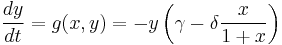 \frac{dy}{dt} = g(x, y) = -y\left(\gamma - \delta \frac{x}{1 %2B x}\right)