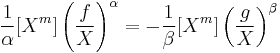 \frac{1}{\alpha}[X^m]\left( \frac{f}{X} \right)^\alpha=-\frac{1}{\beta}[X^m]\left( \frac{g}{X} \right)^\beta