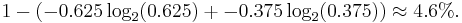  1 - (-0.625 \log_2(0.625) %2B -0.375 \log_2(0.375)) \approx 4.6%.