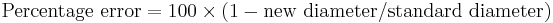  \mbox {Percentage error} = 100\times(1-\mbox{new diameter} / \mbox{standard diameter}) 