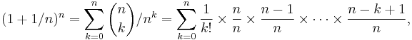 (1%2B1/n)^n=\sum_{k=0}^{n}\binom nk/n^k=\sum_{k=0}^{n}\frac1{k!}\times\frac nn\times\frac{n-1}n\times\cdots\times\frac{n-k%2B1}n,