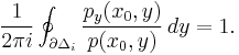 \frac{1}{2\pi i}\oint_{\partial\Delta_i} \frac{p_y(x_0,y)}{p(x_0,y)}\,dy = 1.