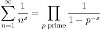 \sum_{n=1}^\infty\frac{1}{n^s} = \prod_{p \text{ prime}} \frac{1}{1-p^{-s}}