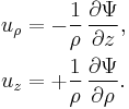 
  \begin{align}
  u_\rho &= - \frac{1}{\rho}\, \frac{\partial \Psi}{\partial z},
  \\
  u_z    &= %2B \frac{1}{\rho}\, \frac{\partial \Psi}{\partial \rho}.
  \end{align}
