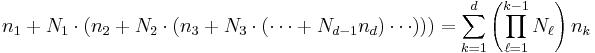 n_1 %2B N_1 \cdot (n_2 %2B N_2 \cdot (n_3 %2B N_3 \cdot (\cdots %2B N_{d-1} n_d)\cdots)))
= \sum_{k=1}^d \left( \prod_{\ell=1}^{k-1} N_\ell \right) n_k
