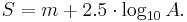 S = m %2B 2.5 \cdot \log_{10} A.