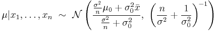 
    \mu | x_1,\ldots,x_n\ \sim\ \mathcal{N}\left( \frac{\frac{\sigma^2}{n}\mu_0 %2B \sigma_0^2\bar{x}}{\frac{\sigma^2}{n}%2B\sigma_0^2},\ \left( \frac{n}{\sigma^2} %2B \frac{1}{\sigma_0^2} \right)^{\!-1} \right)
  