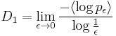 D_1 = \lim_{\epsilon \rightarrow 0} \frac{-\langle \log p_\epsilon \rangle}{\log\frac{1}{\epsilon}}