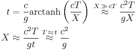 \begin{align}
  t &= \frac{c}{g} \operatorname{arctanh}\left (\frac{c T}{X}\right) \;\overset {X \,\gg\, cT}\approx\; \frac{c^2 T}{g X}\\
  X &\approx \frac{c^2 T}{g t} \;\overset{T \,\approx\, t}\approx\; \frac{c^2 }{g}
\end{align}