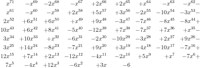 \begin{align}
 x^{71}   &&- x^{69}   &&- 2x^{68}  &&- x^{67}   &&%2B 2x^{66}  &&%2B 2x^{65}  &&%2B x^{64}   &&- x^{63}   &&- x^{62}  - \\
 x^{61}   &&- x^{60}   &&- x^{59}   &&%2B 2x^{58}  &&%2B 5x^{57}  &&%2B 3x^{56}  &&- 2x^{55}  &&- 10x^{54} &&- 3x^{53} - \\
 2x^{52}  &&%2B 6x^{51}  &&%2B 6x^{50}  &&%2B x^{49}   &&%2B 9x^{48}  &&- 3x^{47}  &&- 7x^{46}  &&- 8x^{45}  &&- 8x^{44} %2B \\
 10x^{43} &&%2B 6x^{42}  &&%2B 8x^{41}  &&- 5x^{40}  &&- 12x^{39} &&%2B 7x^{38}  &&- 7x^{37}  &&%2B 7x^{36}  &&%2B x^{35}  - \\
 3x^{34}  &&%2B 10x^{33} &&%2B x^{32}   &&- 6x^{31}  &&- 2x^{30}  &&- 10x^{29} &&- 3x^{28}  &&%2B 2x^{27}  &&%2B 9x^{26} - \\
 3x^{25}  &&%2B 14x^{24} &&- 8x^{23}  &&- 7x^{21}  &&%2B 9x^{20}  &&%2B 3x^{19}  &&- 4x^{18}  &&- 10x^{17} &&- 7x^{16} %2B \\
 12x^{15} &&%2B 7x^{14}  &&%2B 2x^{13}  &&- 12x^{12} &&- 4x^{11}  &&- 2x^{10}  &&%2B 5x^9     &&%2B x^7      &&- 7x^6    %2B \\
 7x^5     &&- 4x^4     &&%2B 12x^3    &&- 6x^2     &&%2B 3x       &&- 6
\end{align}