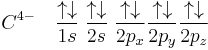 
C^{4-}\quad
\frac{\uparrow\downarrow}{1s}\;
\frac{\uparrow\downarrow}{2s}\;
\frac{\uparrow\downarrow}{2p_x}
\frac{\uparrow\downarrow}{2p_y}
\frac{\uparrow\downarrow}{2p_z}
