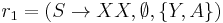 r_1 = (S \to X X, \emptyset, \{Y, A\})