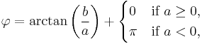 
\varphi = \arctan \left(\frac{b}{a}\right) %2B \begin{cases}
0 & \text{if }a \ge 0, \\
\pi & \text{if }a < 0,
\end{cases}
