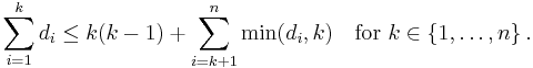 \sum_{i=1}^{k}d_i \leq k(k-1) %2B \sum_{i=k%2B1}^n  \min(d_i,k) \quad \text{for } k \in \{1,\dots,n\} \, .