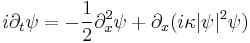 \displaystyle i\partial_t\psi=-{1\over 2}\partial^2_x\psi%2B\partial_x(i\kappa|\psi|^2 \psi)