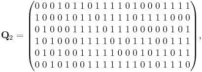 
\mathbf{Q}_2=     
\begin{pmatrix}
0 \; 0 \; 0 \; 1 \; 0 \; 1 \; 1 \; 0 \; 1 \; 1 \; 1 \; 1 \; 0 \; 1 \; 0 \; 0 \; 0 \; 1 \; 1 \; 1 \; 1 \\
1 \; 0 \; 0 \; 0 \; 1 \; 0 \; 1 \; 1 \; 0 \; 1 \; 1 \; 1 \; 1 \; 0 \; 1 \; 1 \; 1 \; 1 \; 0 \; 0 \; 0 \\
0 \; 1 \; 0 \; 0 \; 0 \; 1 \; 1 \; 1 \; 1 \; 0 \; 1 \; 1 \; 1 \; 0 \; 0 \; 0 \; 0 \; 0 \; 1 \; 0 \; 1 \\
1 \; 0 \; 1 \; 0 \; 0 \; 0 \; 1 \; 1 \; 1 \; 1 \; 0 \; 1 \; 0 \; 1 \; 1 \; 1 \; 0 \; 0 \; 1 \; 1 \; 1 \\
0 \; 1 \; 0 \; 1 \; 0 \; 0 \; 1 \; 1 \; 1 \; 1 \; 1 \; 0 \; 0 \; 0 \; 1 \; 0 \; 1 \; 1 \; 0 \; 1 \; 1 \\
0 \; 0 \; 1 \; 0 \; 1 \; 0 \; 0 \; 1 \; 1 \; 1 \; 1 \; 1 \; 1 \; 1 \; 0 \; 1 \; 0 \; 1 \; 1 \; 1 \; 0
\end{pmatrix},
