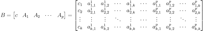  B=
\begin{bmatrix} c & A_{1} & A_{2} & \cdots & A_{p} \end{bmatrix} = 
\begin{bmatrix}
c_{1} & a_{1,1}^1&a_{1,2}^1 & \cdots & a_{1,k}^1 &\cdots & a_{1,1}^p&a_{1,2}^p & \cdots & a_{1,k}^p\\ 
c_{2} & a_{2,1}^1&a_{2,2}^1 & \cdots & a_{2,k}^1 &\cdots & a_{2,1}^p&a_{2,2}^p & \cdots & a_{2,k}^p \\ 
\vdots & \vdots& \vdots& \ddots& \vdots & \cdots & \vdots& \vdots& \ddots& \vdots\\
c_{k} & a_{k,1}^1&a_{k,2}^1 & \cdots & a_{k,k}^1 &\cdots & a_{k,1}^p&a_{k,2}^p & \cdots & a_{k,k}^p 
\end{bmatrix}
