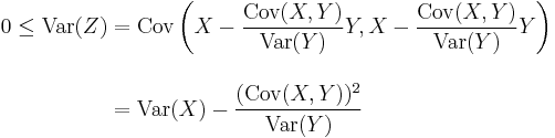 
\begin{align}
0 \le \operatorname{Var}(Z) & = \operatorname{Cov}\left(X - \frac{\operatorname{Cov}(X,Y)}{\operatorname{Var}(Y)} Y,X - \frac{\operatorname{Cov}(X,Y)}{\operatorname{Var}(Y)} Y \right) \\[12pt]
& = \operatorname{Var}(X) - \frac{ (\operatorname{Cov}(X,Y))^2 }{\operatorname{Var}(Y)}
\end{align}
