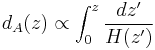 d_A(z) \propto \int_{0}^{z}\frac{dz'}{H(z')}\!