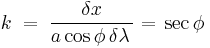 k\;=\;\frac{\delta x}{a\cos\phi\,\delta\lambda\,}=\,\sec\phi\qquad\qquad{}