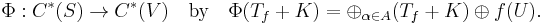 
\Phi�: C^*(S) \rightarrow C^*(V) \quad \mbox{by} \quad \Phi(T_f %2B K) = \oplus_{\alpha \in A} (T_f %2B K) \oplus f(U).
