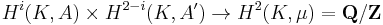 H^i(K,A)\times H^{2-i}(K,A^\prime)\rightarrow H^2(K,\mu)=\mathbf{Q}/\mathbf{Z}