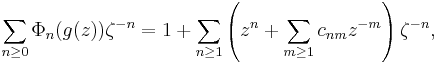 \sum_{n\ge 0} \Phi_n(g(z))\zeta^{-n} =1%2B\sum_{n\ge 1} \left(z^n %2B\sum_{m\ge 1} c_{nm}z^{-m}\right)\zeta^{-n},