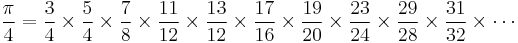  \frac{\pi}{4} = \frac{3}{4} \times \frac{5}{4} \times \frac{7}{8} \times \frac{11}{12} \times \frac{13}{12} \times \frac{17}{16} \times \frac{19}{20} \times \frac{23}{24} \times \frac{29}{28} \times \frac{31}{32} \times \cdots \; 