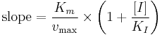 
\begin{align}
\mbox{slope} =\frac{K_m}{v_\max}\times \left(1%2B\frac{[I]}{K_I}\right)
\end{align}
