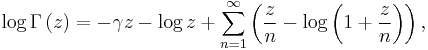 \log \Gamma \left(z\right) = -\gamma z -\log z  
%2B \sum_{n=1}^\infty 
\left(\frac{z}{n} - \log \left(1%2B\frac{z}{n}\right)\right),