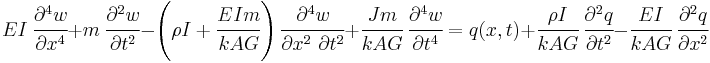 
   EI~\cfrac{\partial^4 w}{\partial x^4} %2B m~\cfrac{\partial^2 w}{\partial t^2} - \left(\rho I %2B \cfrac{E I m}{k A G}\right)\cfrac{\partial^4 w}{\partial x^2~\partial t^2} %2B \cfrac{J m}{k A G}~\cfrac{\partial^4 w}{\partial t^4} = q(x,t) %2B \cfrac{\rho I}{k A G}~\cfrac{\partial^2 q}{\partial t^2} - \cfrac{EI}{k A G}~\cfrac{\partial^2 q}{\partial x^2}
 