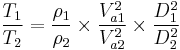 \frac {T_1}{T_2} = \frac{\rho_1}{\rho_2} \times \frac{V_{a1}^2}{V_{a2}^2} \times \frac{D_1^2}{D_2^2}