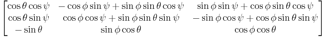 \begin{bmatrix}
\cos\theta \cos\psi & -\cos\phi \sin\psi %2B \sin\phi \sin\theta \cos\psi &   \sin\phi \sin\psi %2B \cos\phi \sin\theta \cos\psi \\
\cos\theta \sin\psi &  \cos\phi \cos\psi %2B \sin\phi \sin\theta \sin\psi & -\sin\phi \cos\psi %2B \cos\phi \sin\theta \sin\psi \\
-\sin\theta             &  \sin\phi \cos\theta                                          &   \cos\phi \cos\theta \\
\end{bmatrix}